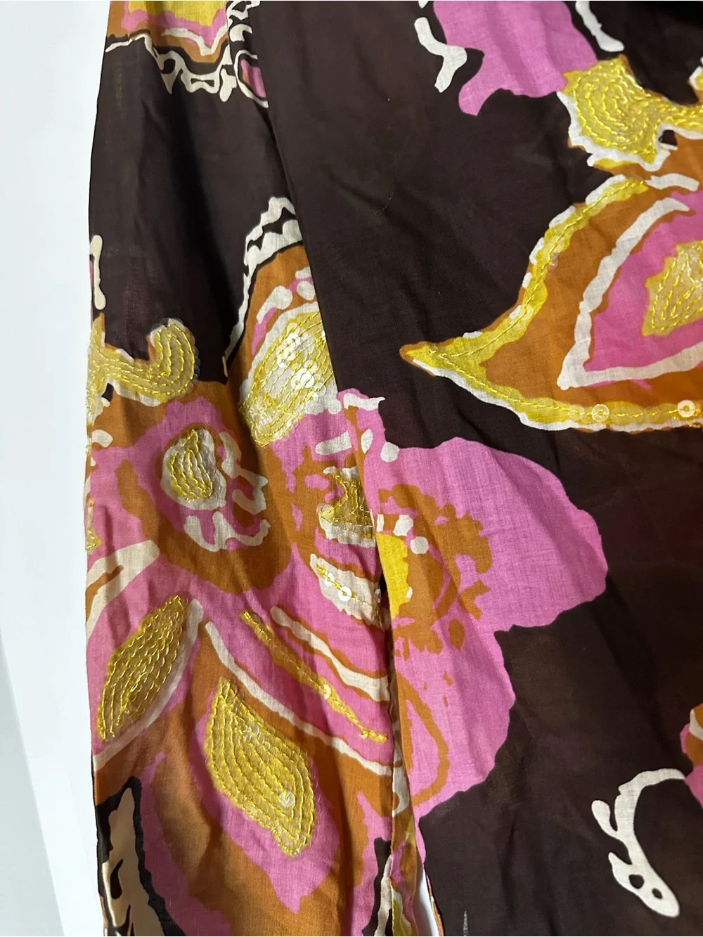 Tory Burch Brown Floral Cotton Tunic with Pink Yellow Flowers and Clear Sequins